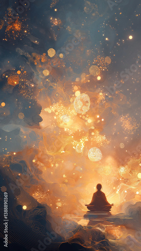 a meditating person surrounded by glowing cosmic energy, floating symbols of abundance, calm atmosphere, galaxy background, soft golden and indigo lights, surreal style, ultra-d