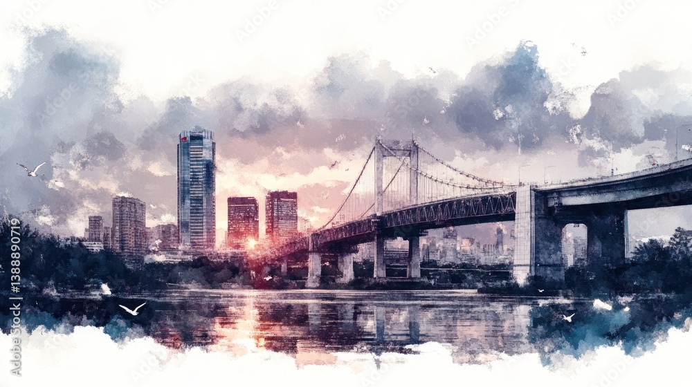 Obraz premium Sepiatone Sunset Cityscape Bridge Painting with Vibrant Details and Soft Lighting