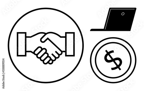 Handshake icon within circle, black laptop, and dollar coin symbolizing partnership, digital business, and commerce. Ideal for business deals, online trade, collaboration, finance negotiation