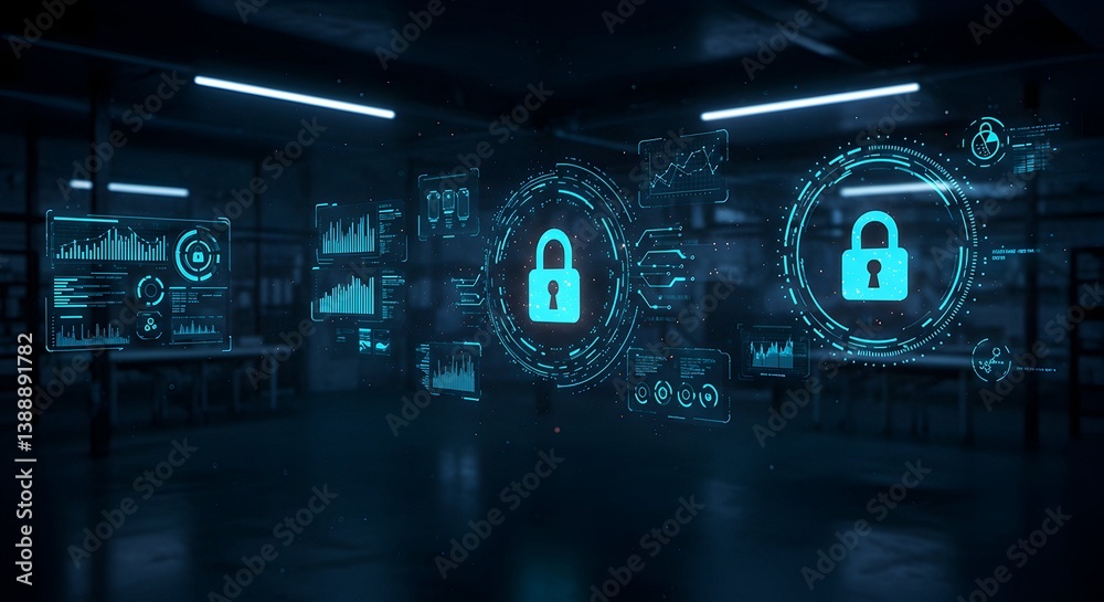 Cybersecurity Lock Graphic Overlayed on Dark Industrial Room for Data Protection Cybersecurity Lock Graphic Overlayed on Dark Industrial Room for Data Protection