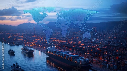 Cargo ship transportation with containers in maritime trade concept. Aerial view of a busy port with ships and global map overlay.