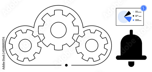 Cloud with interlocking gears, notification bell, and chart with analytics elements. Ideal for cloud computing, automation, data analytics, productivity, system alerts technology interfaces. Flat