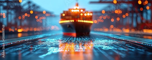 Cargo ship transportation with containers in maritime trade concept. A large cargo ship illuminated by city lights at a busy port.
