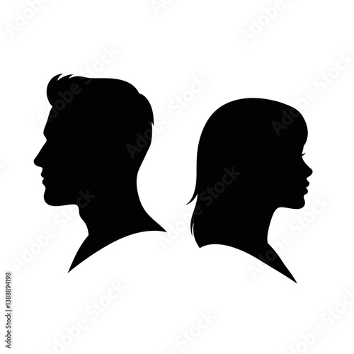Man and woman silhouettes face opposite directions Minimalist design conveys separation or introspection
