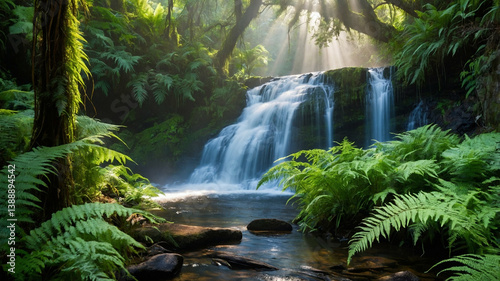 Enchanting waterfall scene with sunlight streaming through lush green foliage