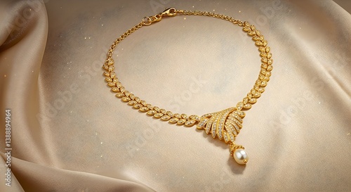 Elegant Gold Necklace with Pearl Pendant on Luxurious Satin Fabric