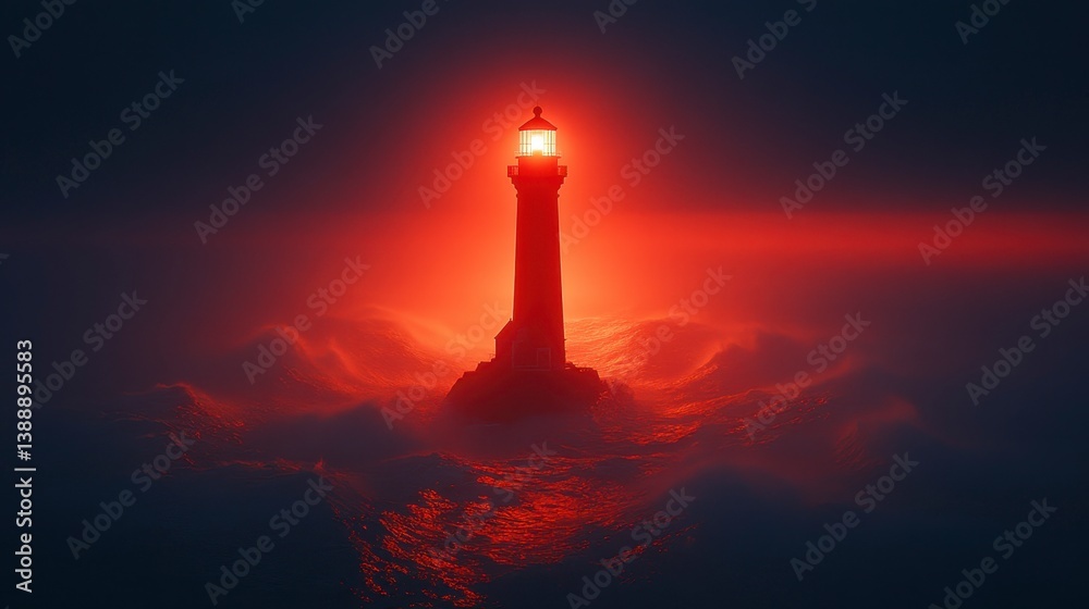 Lighthouse stands, waves surge, red light shines through dark, ominous sea Lighthouse stands, waves surge, red light shines through dark, ominous sea