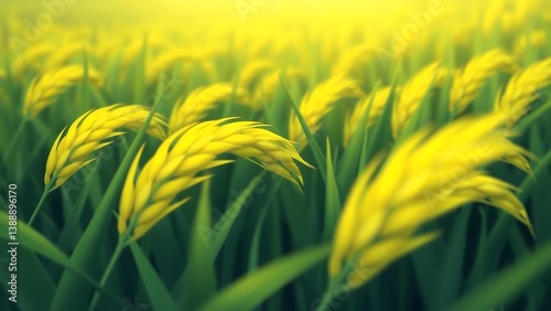 Obraz na płótnie Close-Up of Green Rice Field with Yellow Highlights w salonie