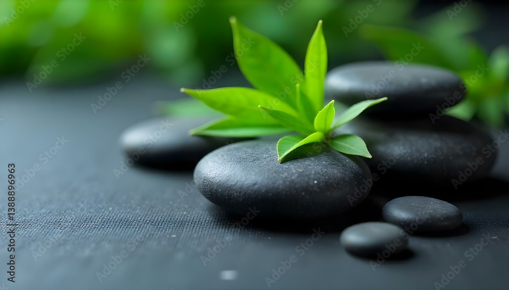 Obraz premium Close-up studio shot of smooth, dark gray stones and vibrant green leaves arranged on a textured black surface