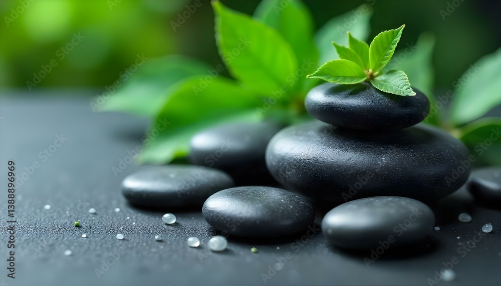 Close-up studio shot of smooth, dark gray stones and vibrant green leaves arranged on a textured black surface Close-up studio shot of smooth, dark gray stones and vibrant green leaves arranged on a textured black surface
