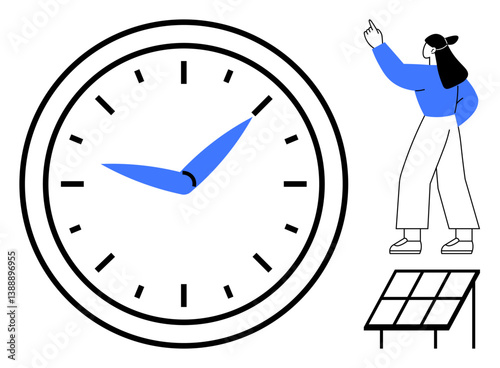 Large clock with blue hands symbolizes efficiency and time woman pointing at solar panel signifies sustainable energy and environmental awareness. Ideal for sustainability, time management, renewable