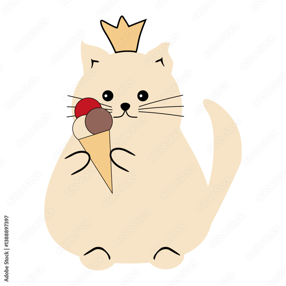 Fototapeta premium Nice cute funny fat cat with an ice cream isolated vector illustration on white background 