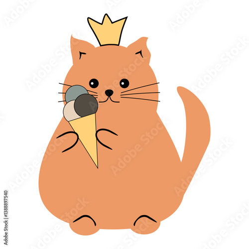 Nice cute funny fat cat with an ice cream isolated vector illustration on white background 