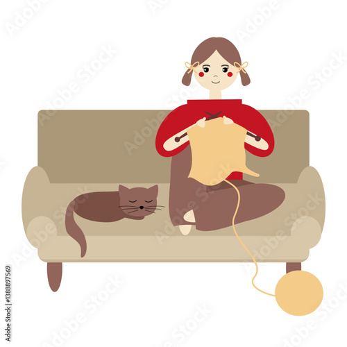 Nice knitting girl on the sofa and a cat illustration vector 