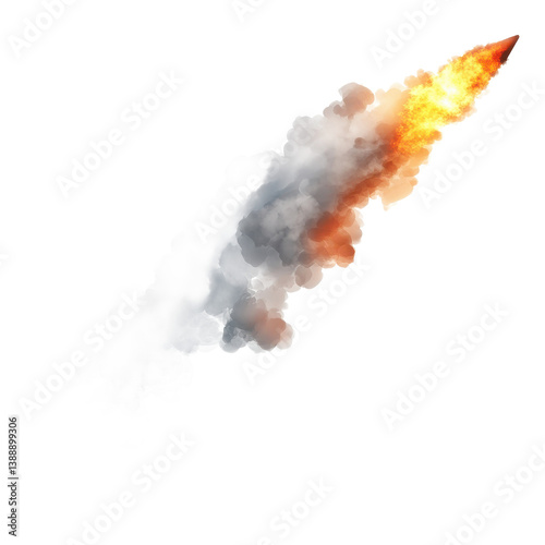 Rocket launch smoke trail fire effect isolated on black