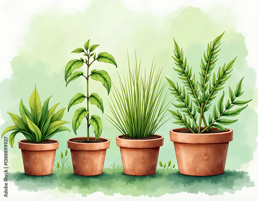 Fototapeta premium Illustration of four diverse potted plants showcasing vibrant green leaves, perfect for gardening, nature, and home decor themes. Ideal for eco-friendly projects and design inspiration.