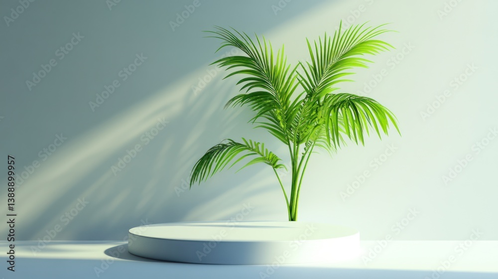 Fototapeta premium Minimalist plant display podium, sunlit backdrop, presentation