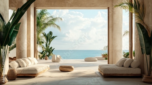 Tropical Mediterranean Interior Lounge with Ocean View and Minimalist Elegance