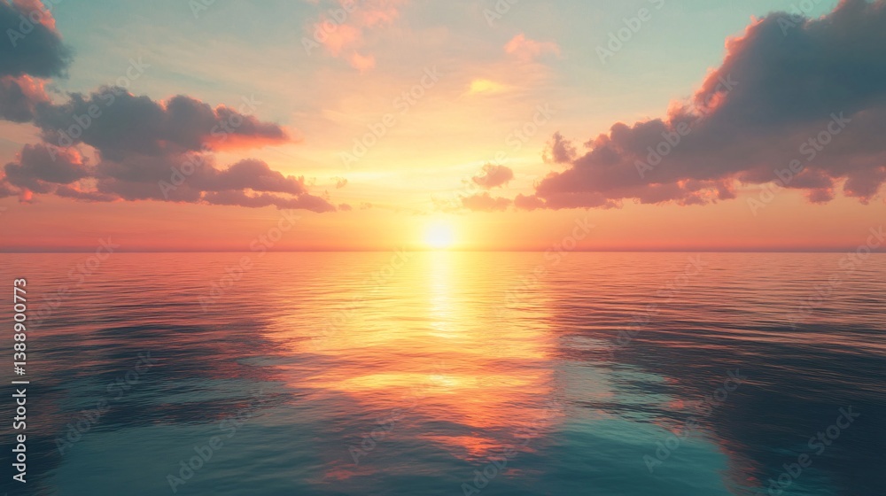 Obraz premium Ocean sunset; calm water reflects sky; cloudscape; peaceful scene; travel brochure