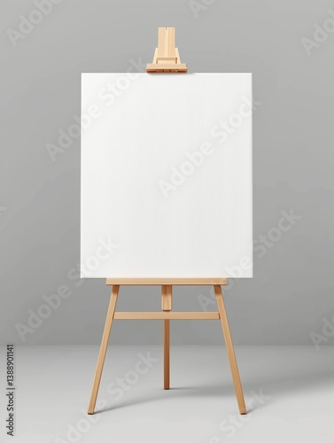 easel with blank canvas stands in minimalist room, grey wall background.