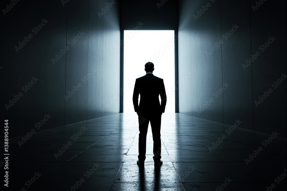 Silhouette of a businessman standing in a dark hallway facing a bright light.