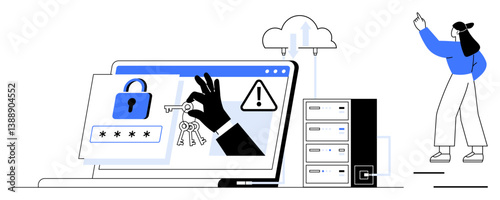Laptop screen highlights password protection, key access, data security, warning alert, server, user. Ideal for digital safety, cyber risk, online account encryption IT security system admin flat