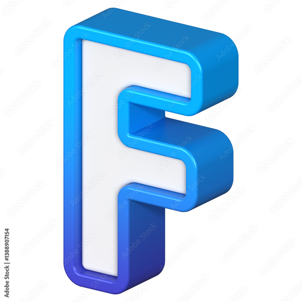 Isometric view of bold Letter F, stands out with its striking blue and white gradient, ready for visual communication, emphasizing clarity and modern feel, 3d rendering