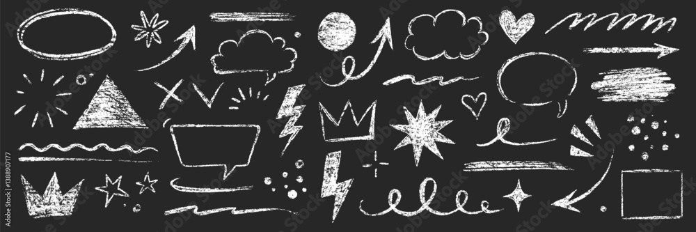 Arrow line chalk brush hand drawn sketch element set. Grunge square, heart, arrow element scribble line brush hand drawn pencil sketch. Texture chalk, crayon pencil style. Vector illustration
