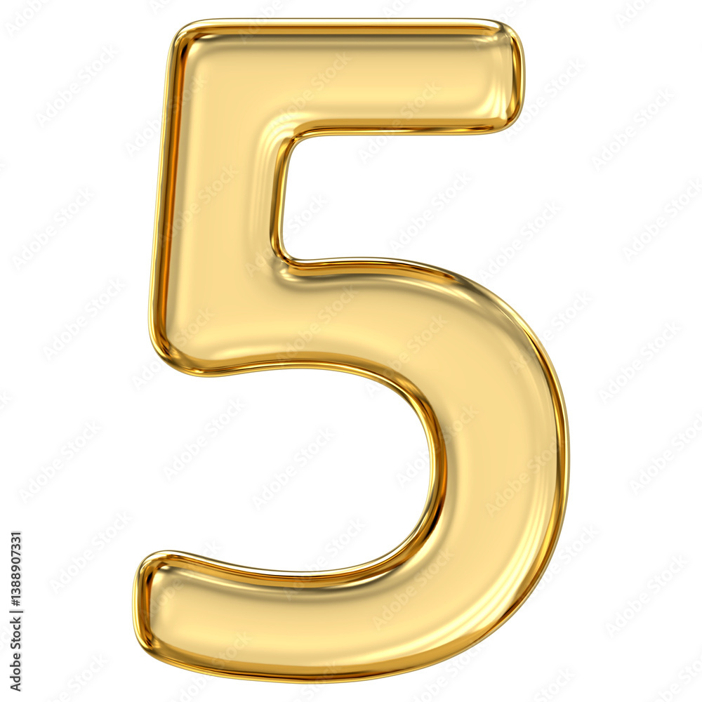 Golden Number 5, pristine, glossy golden number five sparkles with dynamic energy, capturing adventure, freedom, and bold elegance in radiant, 3d rendering
