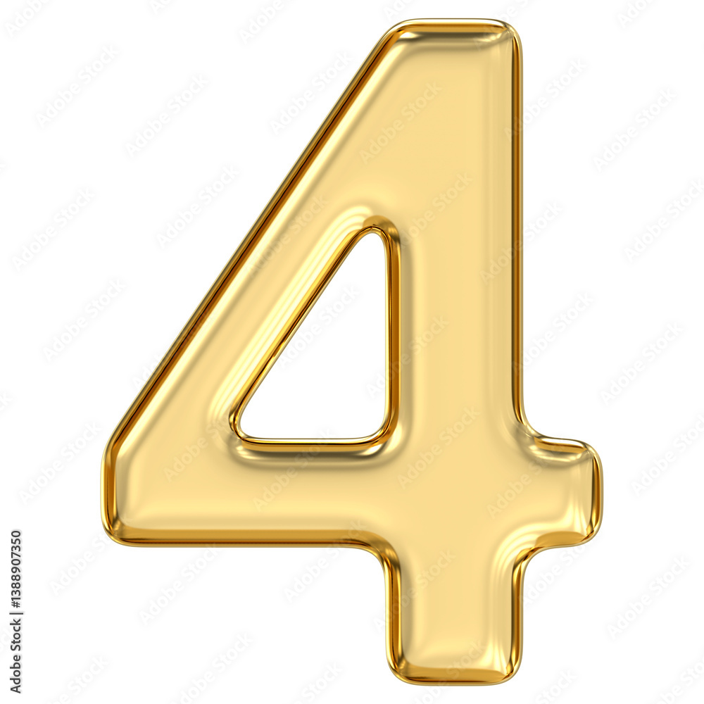 Golden Number 4, pristine, glossy golden number four glows with strength and structure, embodying stability and grounded elegance, 3d rendering