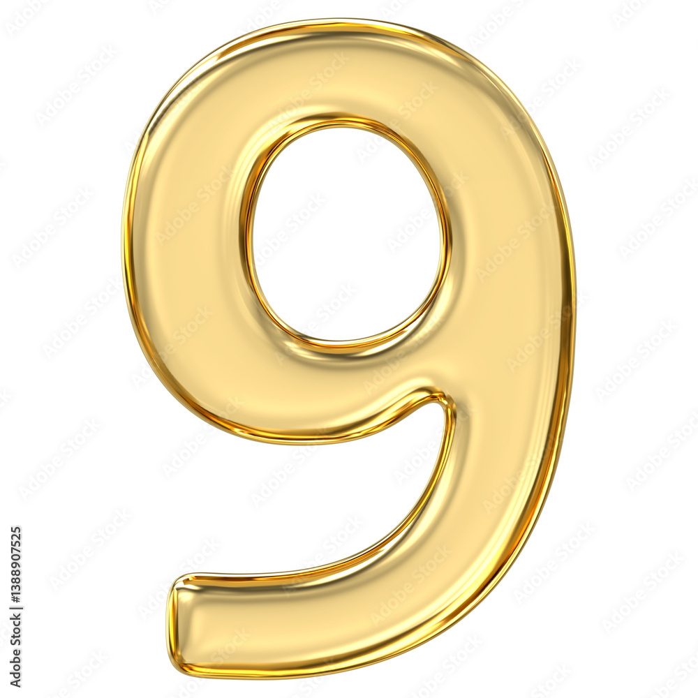Golden Number 9, pristine, glossy golden number nine radiates wisdom and compassion, exuding graceful completion and elegance in stunning, 3d rendering