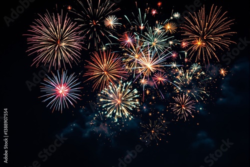 Colorful fireworks explosion in night sky with glowing sparks. photo