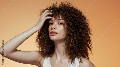 Model with Voluminous Curly Hair Playfully Engaging Hands Against Warm Orange Background