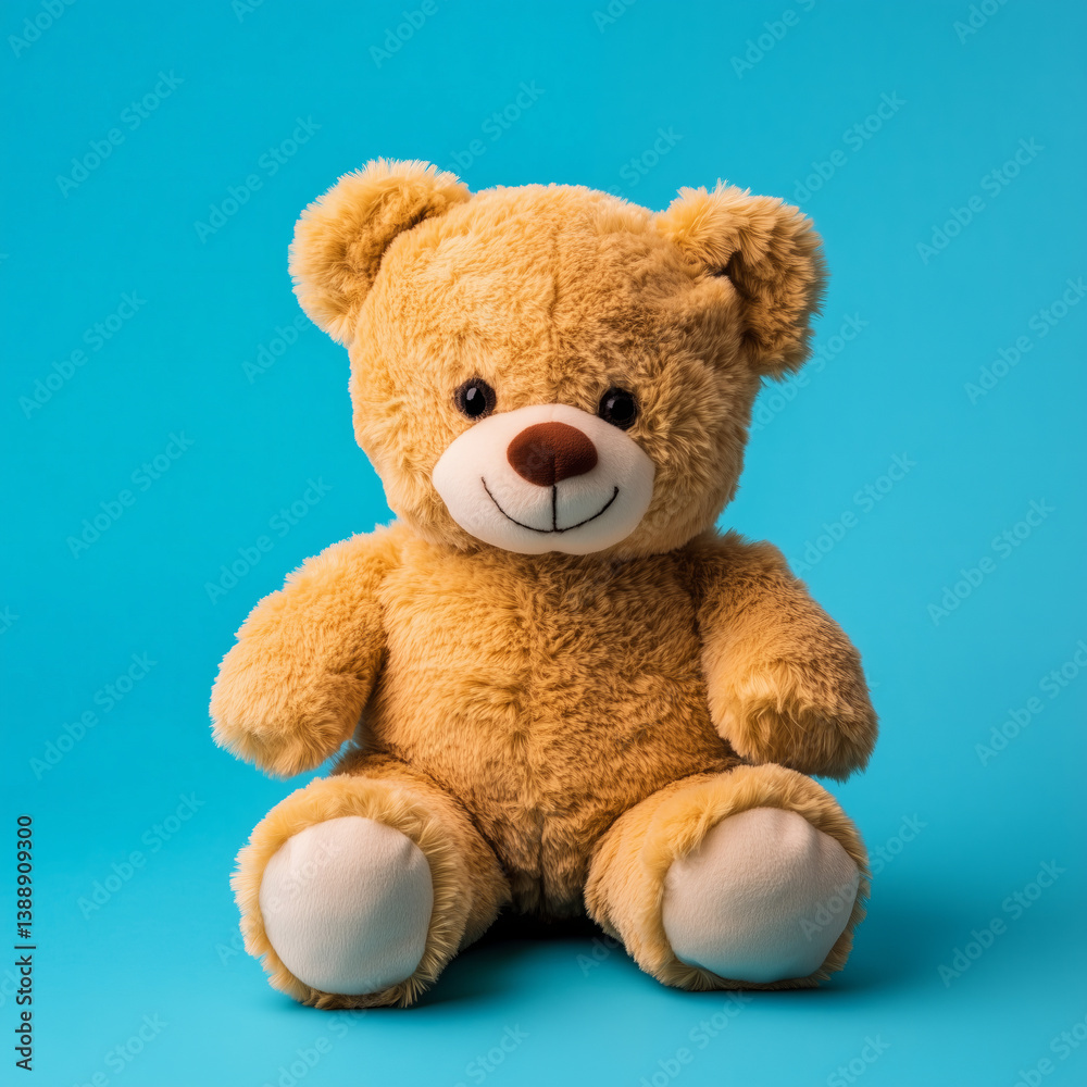 Obraz premium Cute brown teddy bear sitting against a bright blue background, perfect for gifts or decoration in children’s rooms, evoking warmth and nostalgia while offering comfort and companionship