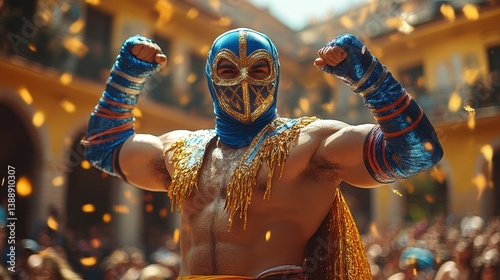 Masked wrestler triumphantly celebrates in a crowd with confetti raining down