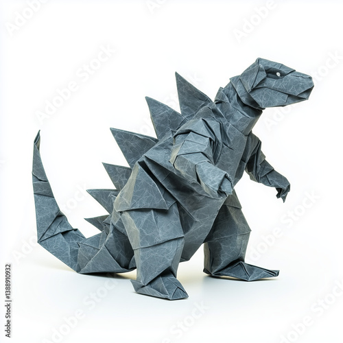 Origami dinosaur in gray paper showcasing intricate folds and detailed design highlighting craftsmanship and creativity