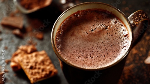 Hot Chocolate in Mug with Cocoa Powder and Dark Chocolate Squares