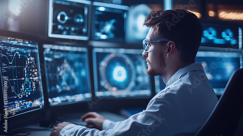 A space scientist studying satellite communications data, control room with satellite data visualization and communication tools visible, High-tech style