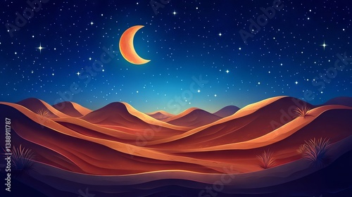 Breathtaking desert nightscape with softly glowing moon, twinkling stars, and illuminated sandy dunes