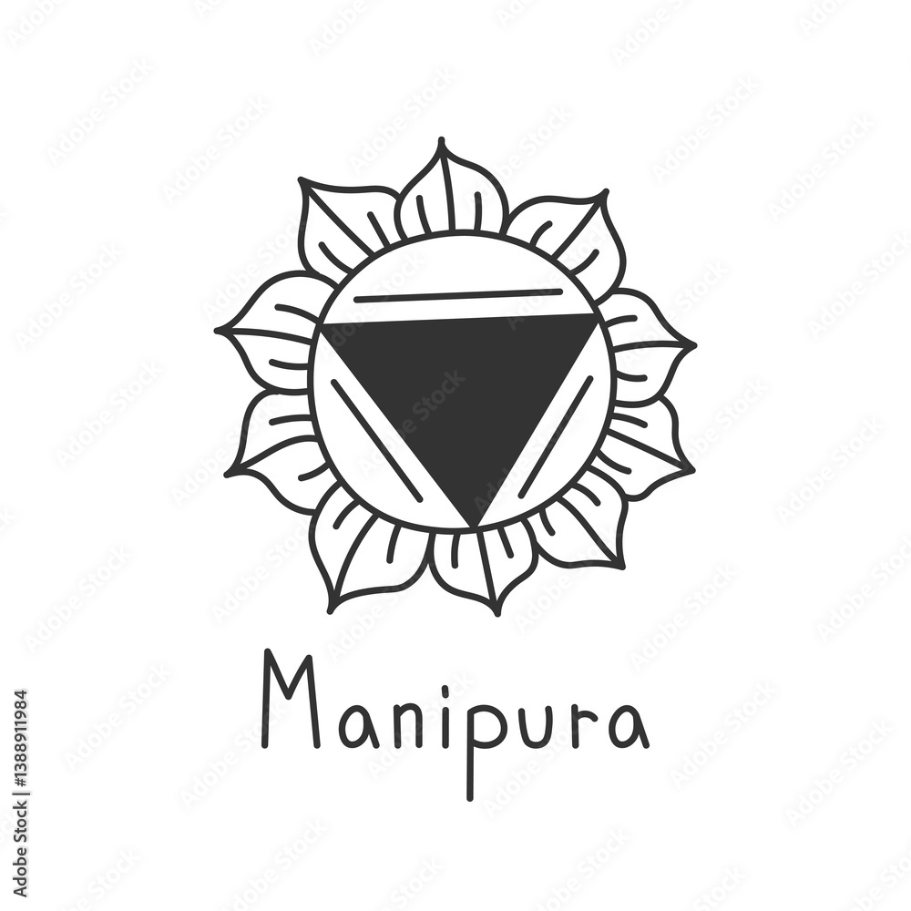 Fototapeta premium Manipura Chakra Hand drawn Icon with Inscription. Doodle Kundalini Yoga Symbol. Hindu Meditation Line Art Mandala Sign with handwritten lettering. Vector illustration