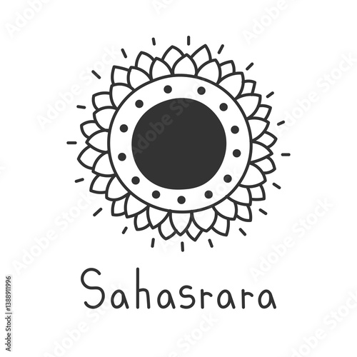 Sahasrara Chakra Hand drawn Icon with Inscription. Doodle Kundalini Yoga Symbol. Hindu Meditation Line Art Mandala Sign with handwritten lettering. Vector illustration
