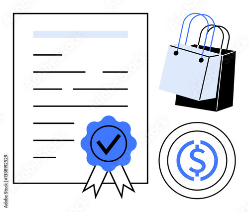 Contract with a blue seal and check mark, shopping bags, and a dollar sign circle. Ideal for business agreements, commerce, official documentation, contracts, financial transactions, retail
