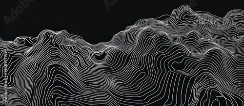 Abstract Topographic Map Of Mountainous Terrain White Lines On Black Background