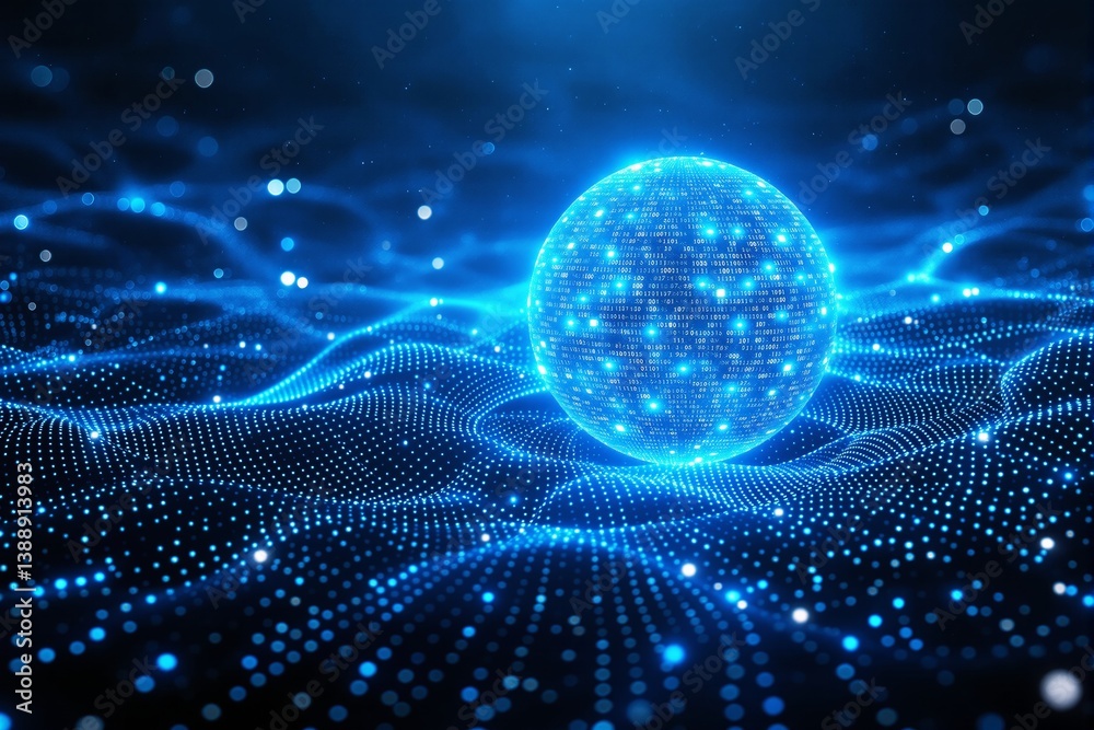 Futuristic digital sphere with binary code on glowing wave background.