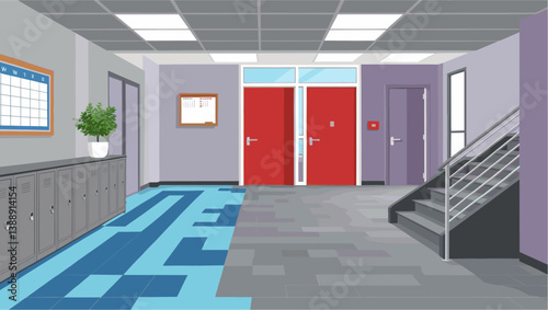 A school hallway with doors. The hallway is empty and the walls are painted gray