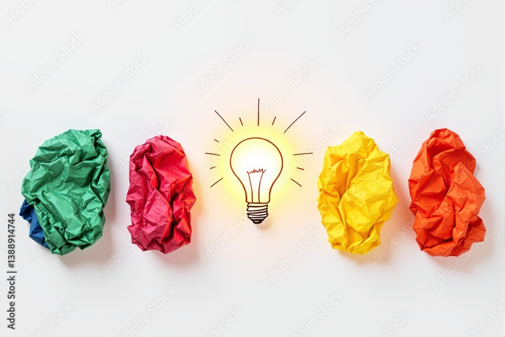 Creative idea concept with light bulb and colorful crumpled paper on white background.