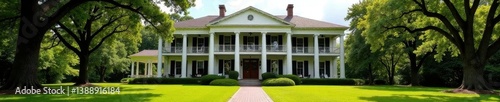 Grand Southern mansion, wide wraparound porch, wood, countryside