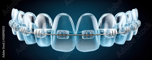 A detailed 3D render showcases a full set of adult teeth with clear ceramic braces and a metal wire, highlighting modern orthodontic treatment.