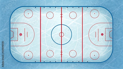 Clean vector illustration of an ice hockey rink viewed from above, featuring detailed rink markings on textured blue ice. 