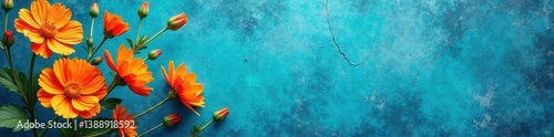 Wallpaper Mural Grungy blue wall, vibrant orange flowers, vintage floral art, cracked texture , blossom, home decor Torontodigital.ca